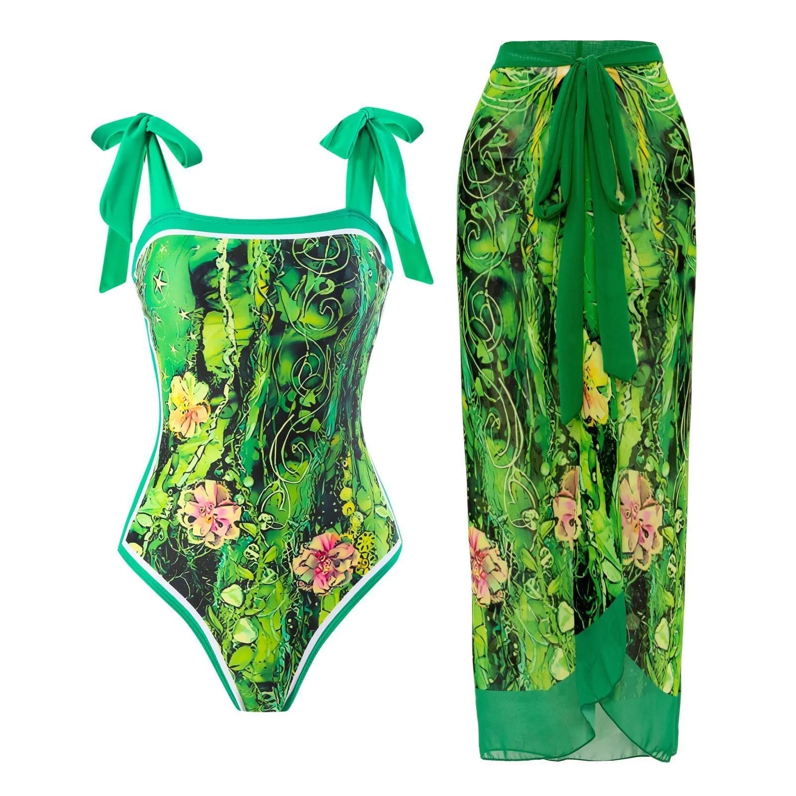 Women's retro floral one-piece swimsuit with chiffon skirt in yellow and black feather patterns