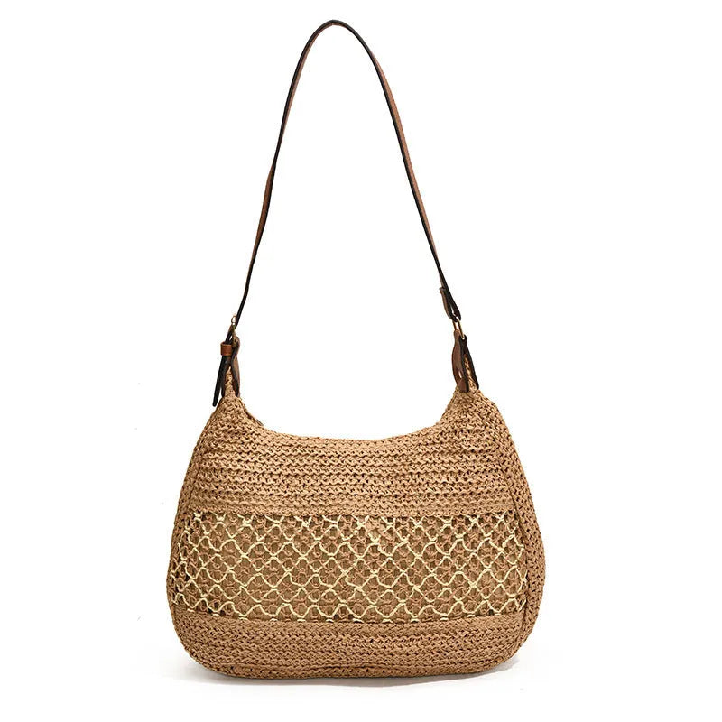 Women's khaki and milky white soft straw cross body bag with a horizontal square shape and sandwich pocket.