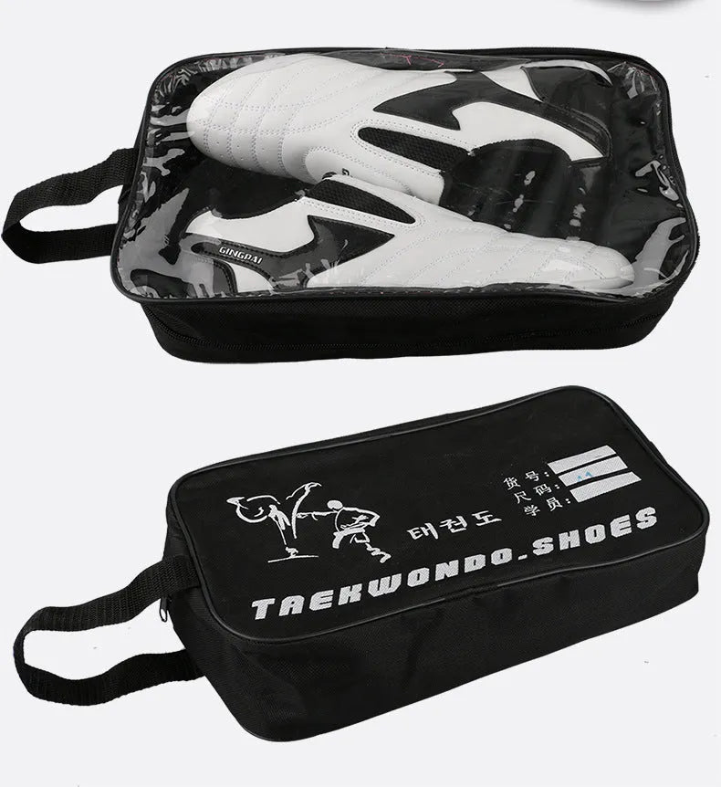 Black and white children's boxing shoes with soft bottom construction for martial arts training