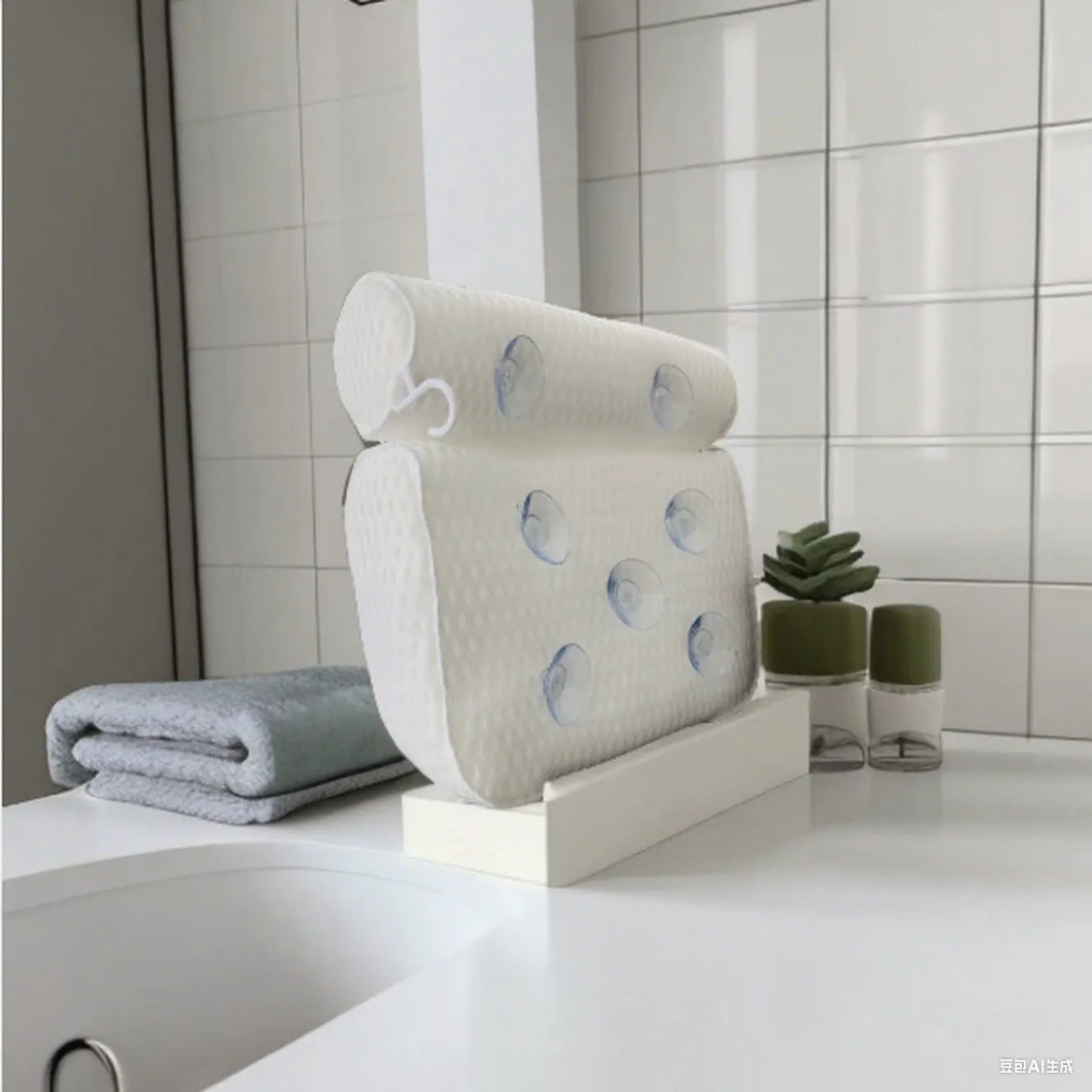 White bathtub pillow with 4D mesh surface and 7 suction cups on back