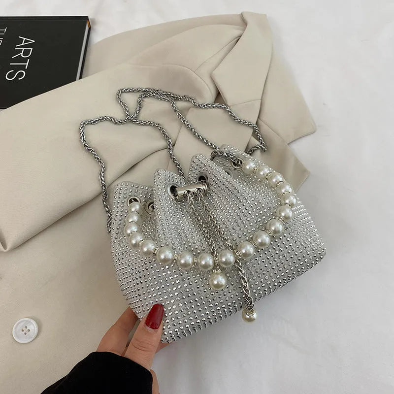 Western style diamond detailing soft PU bucket crossbody bag with chain strap