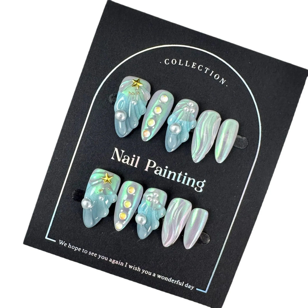 HAILANG blue plastic false nail tips set showing shell design with XS, S, M, L sizes.