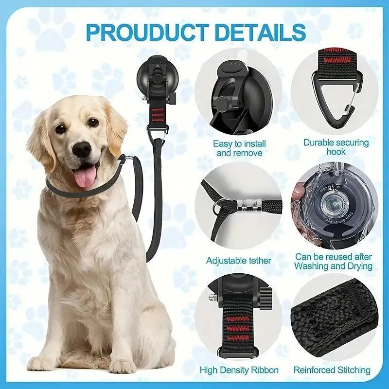 Pet bathing restraint tool with large suction cups, handcuffs, and a connecting rope on a bathroom tile background.