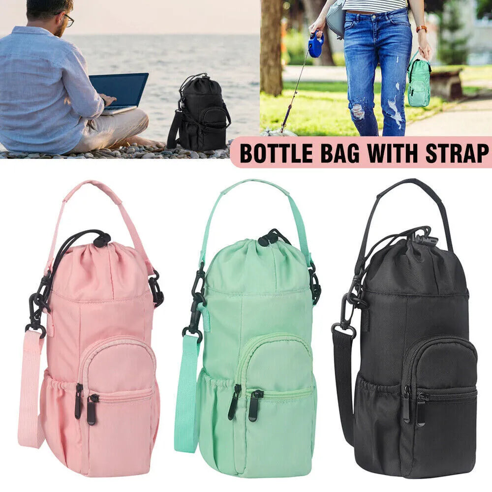 Canvas water bottle shoulder bag with crossbody strap in black, green, and pink colour options.