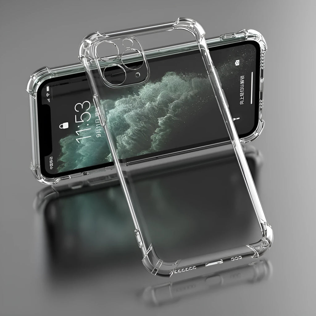 Clear transparent shockproof TPU phone case shown on an iPhone displaying precise button cutouts and port access
