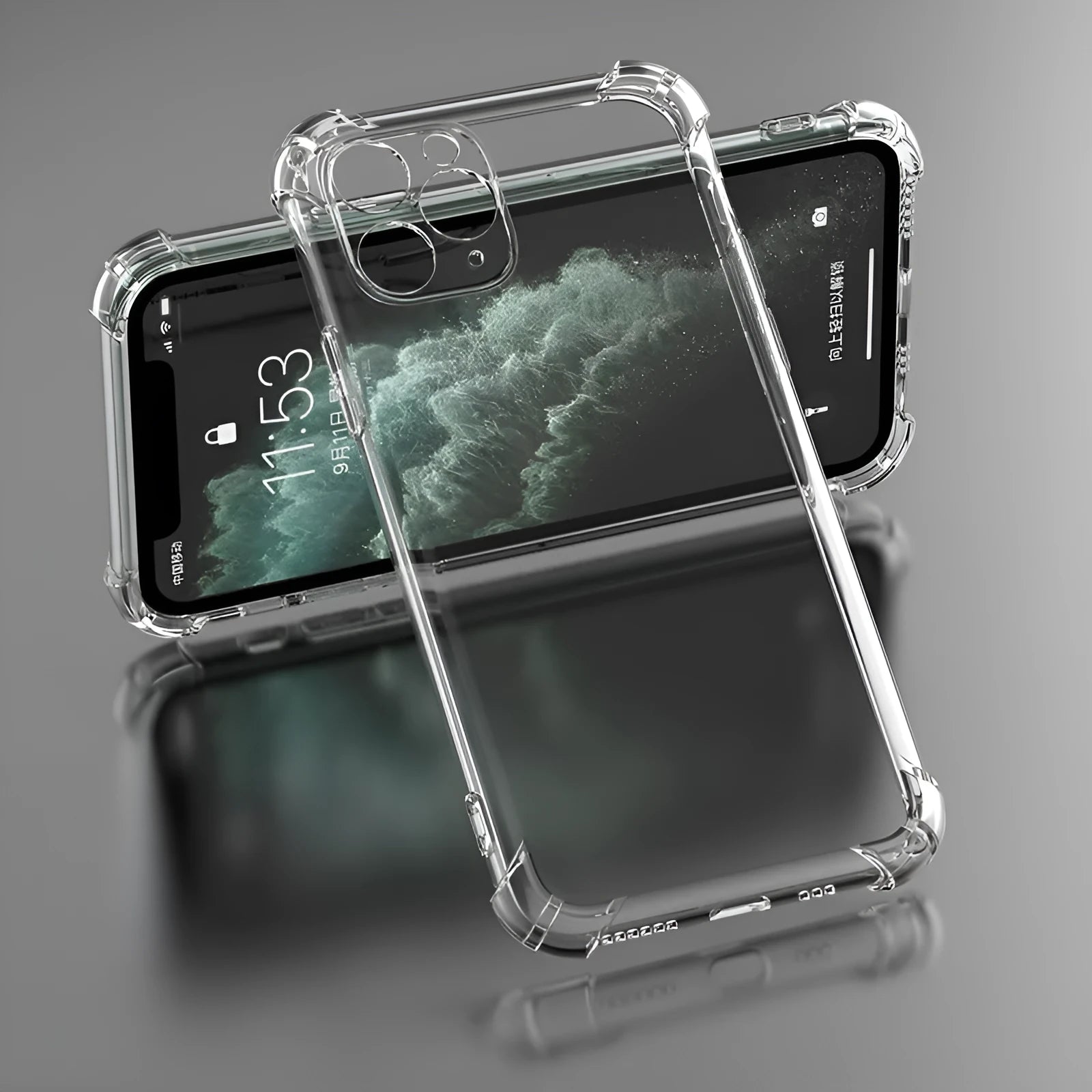 Clear transparent shockproof TPU phone case shown on an iPhone displaying precise button cutouts and port access