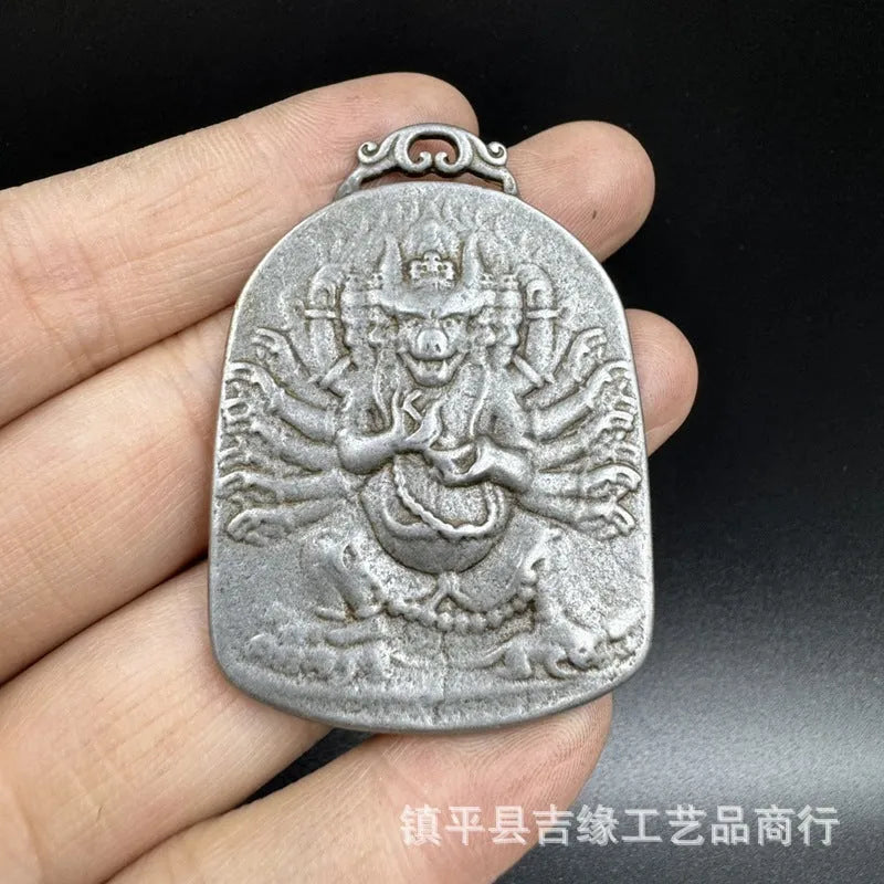 Cast iron Chinese antique geometric hanging ornament showing Aryaacalanatha or Yamantaka design
