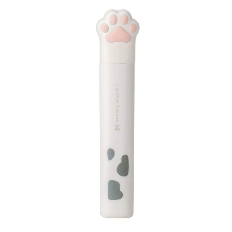 Mini folding craft scissors with cat paw handles in four colours: black, blue, pink, and white.