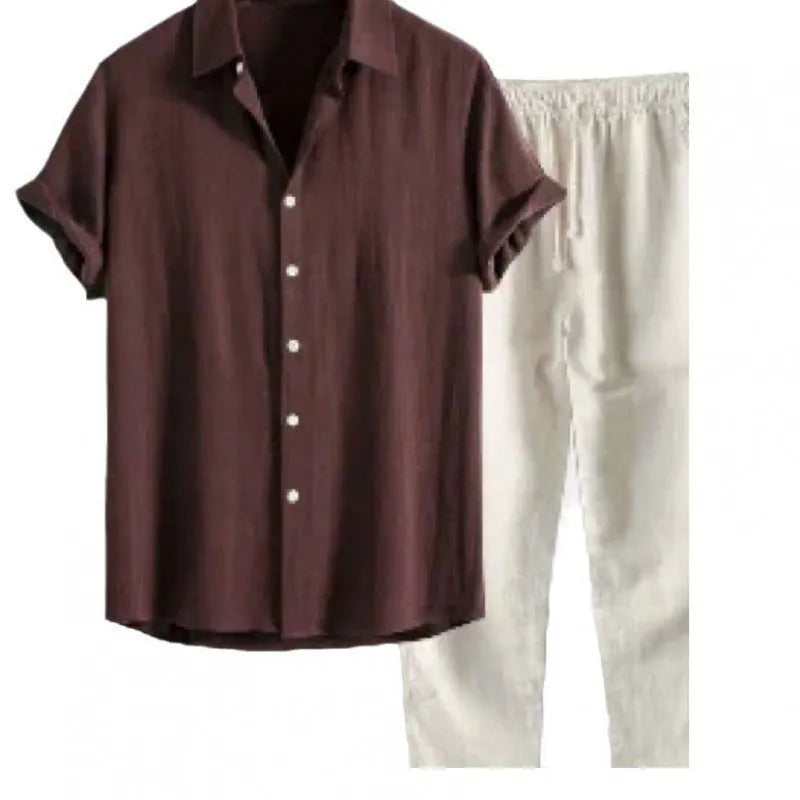 Men's loose fit linen blend short sleeve shirt and trousers casual suit set on a hanger.
