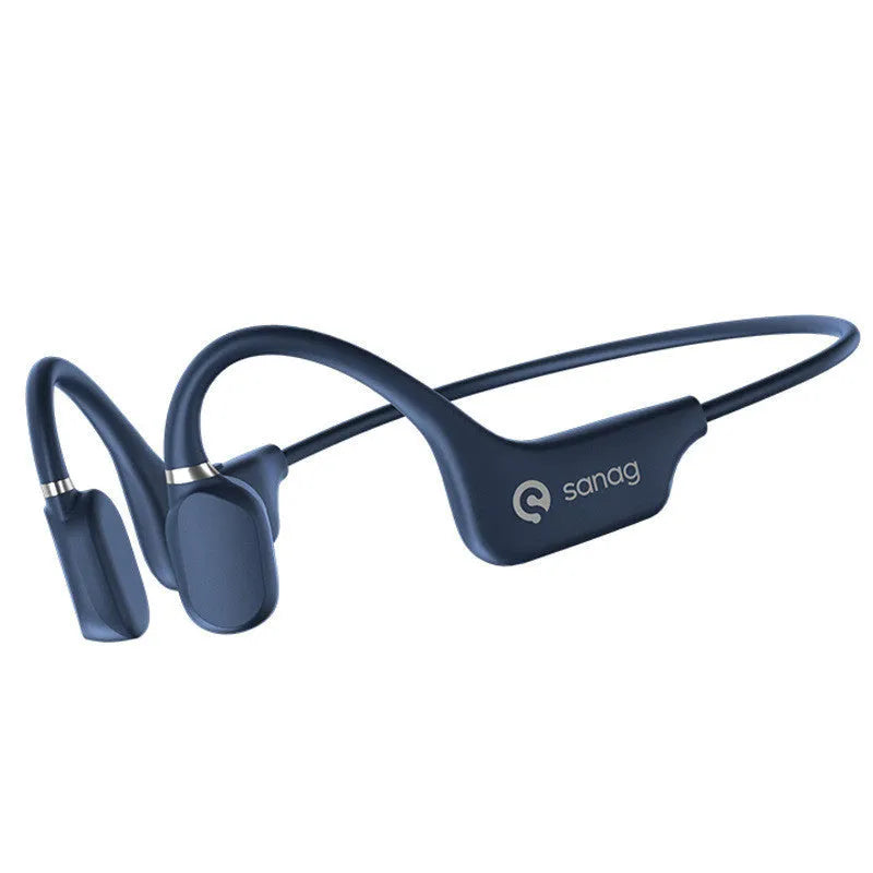 Bone conduction Bluetooth sports headset in hanging neck design, shown in multiple colour options.
