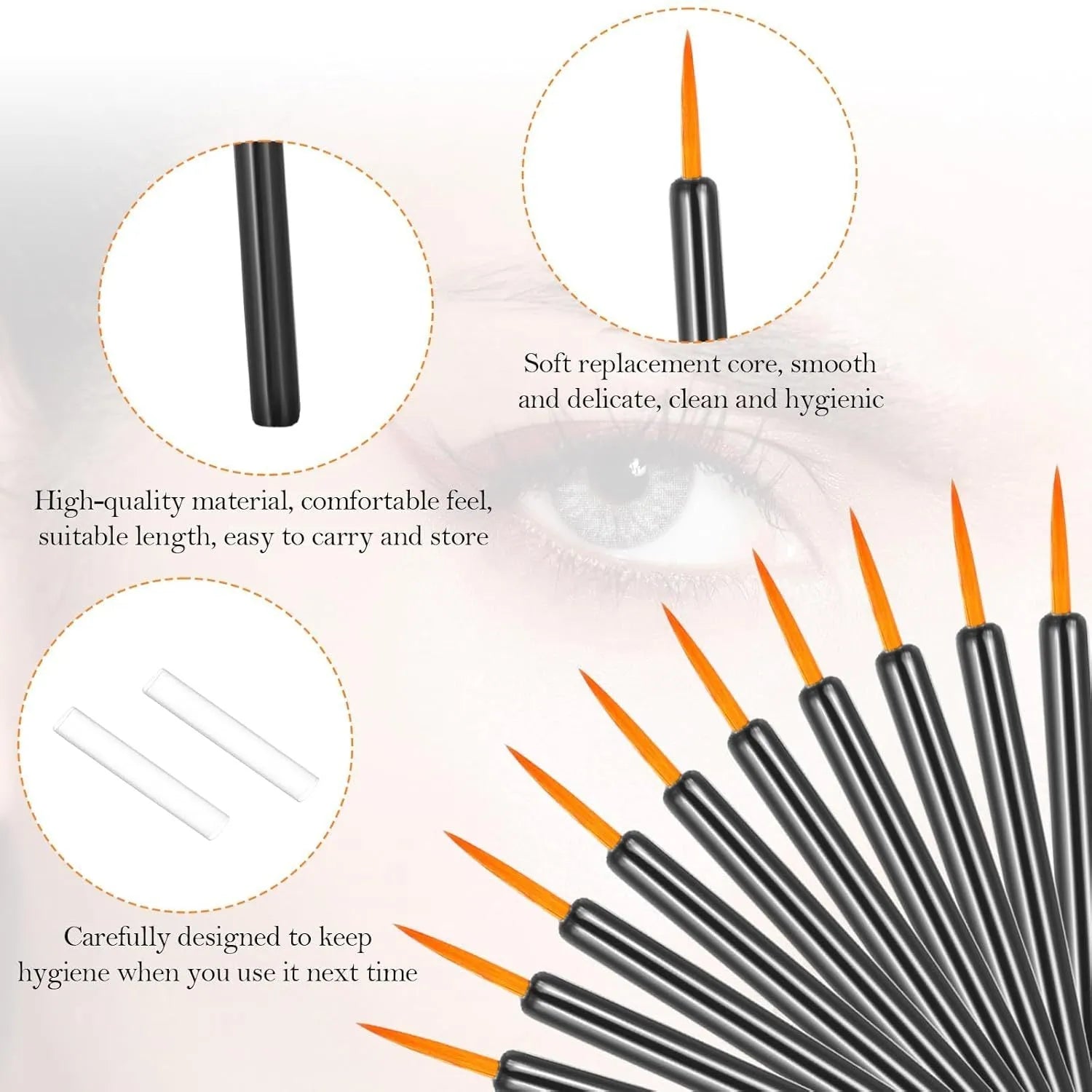 100 disposable ultra-fine point eyeliner brushes with protective plastic sleeves for precise makeup application
