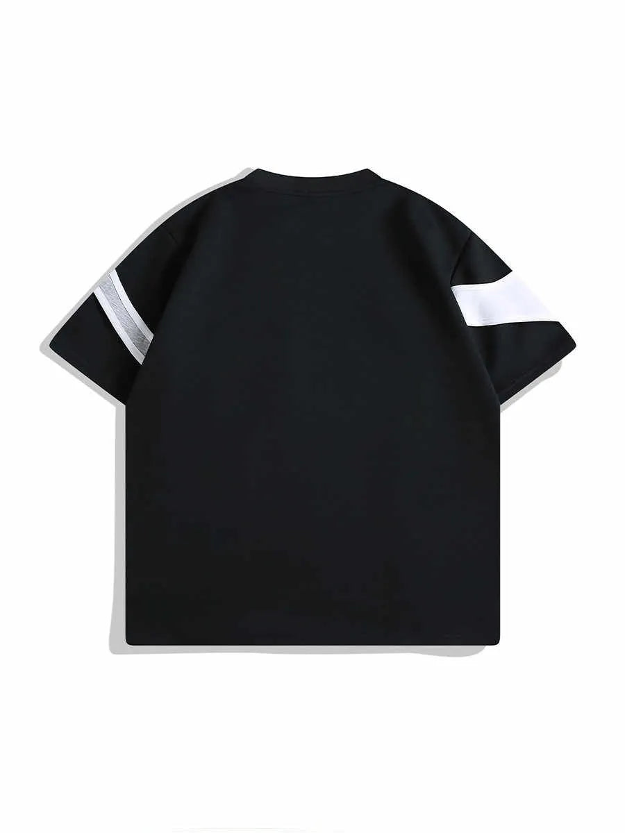 Men's black t-shirt with double stitching on padded shoulders and round neck collar