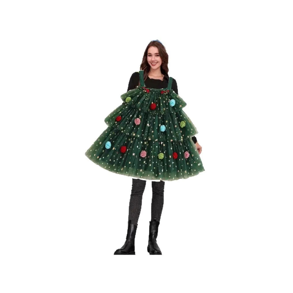 Green polka dot polyester mesh tiered dress with sleeveless suspender skirt design