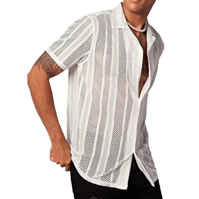 Men's white knitted short-sleeve button shirt with cardigan style street fashion design