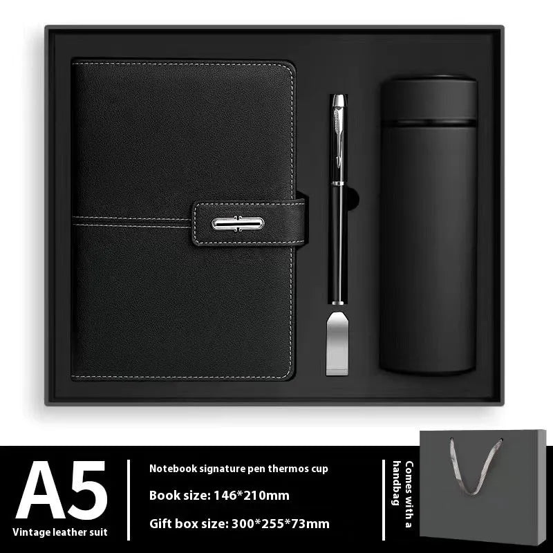 A5 notebook with imitation leather cover in multiple colour options including black, red, green, blue, and orange.