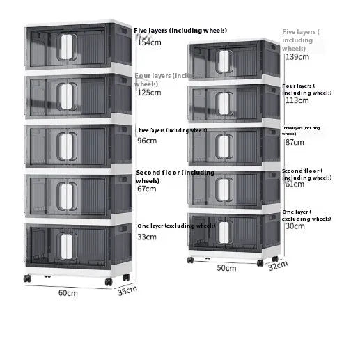Foldable household storage locker with wheels in white colour with multiple storage layers