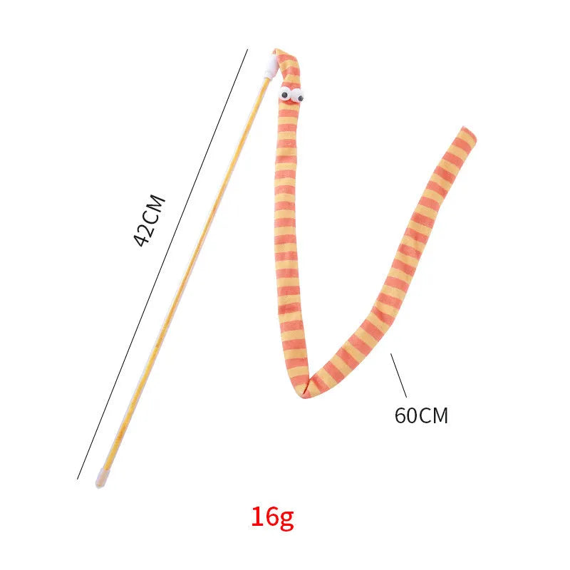 Cat wand toy with polycarbonate pole and plush strip in bright colours for interactive play