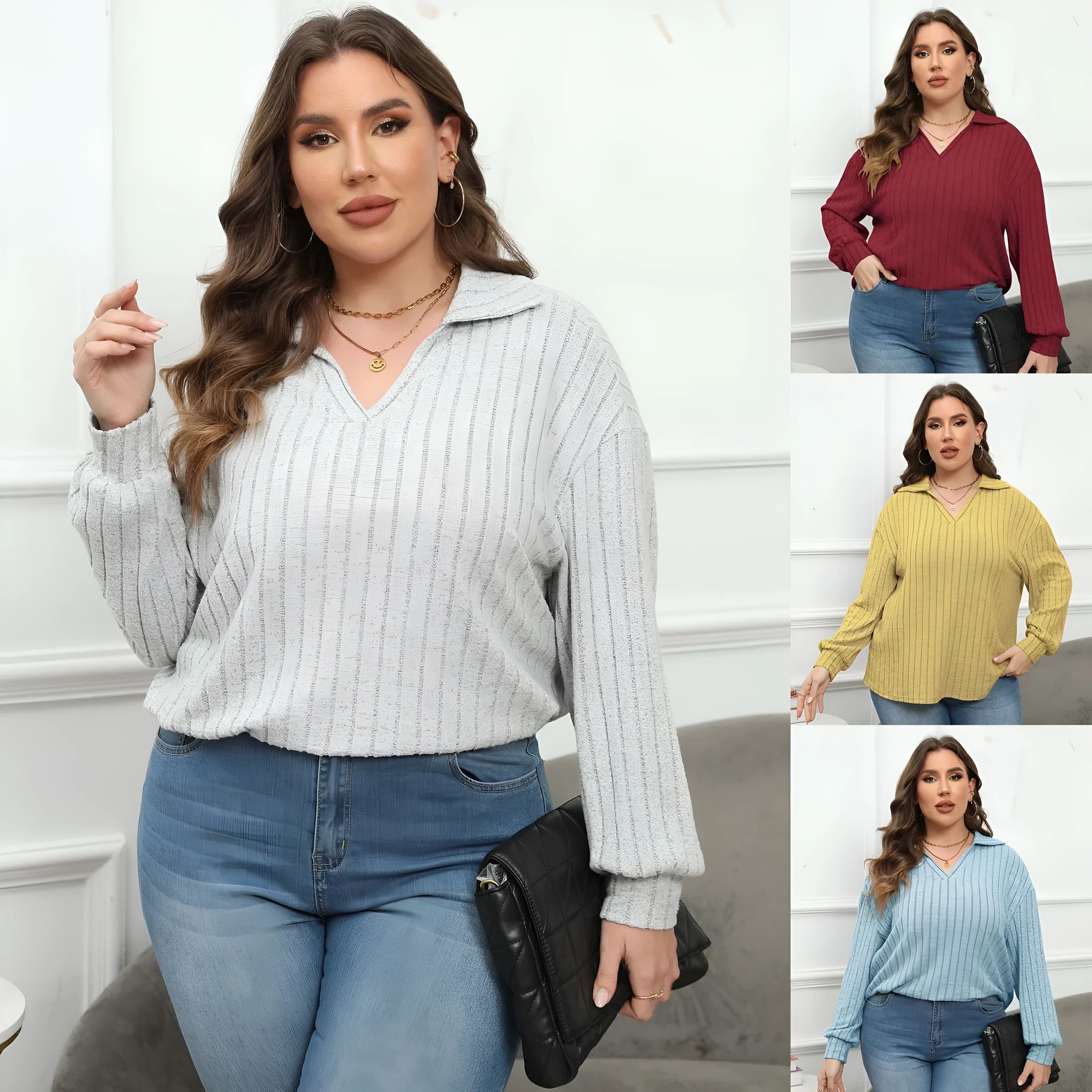 Women's plus size polo collar Gothic shirt with lantern sleeves in melange gray polar fleece