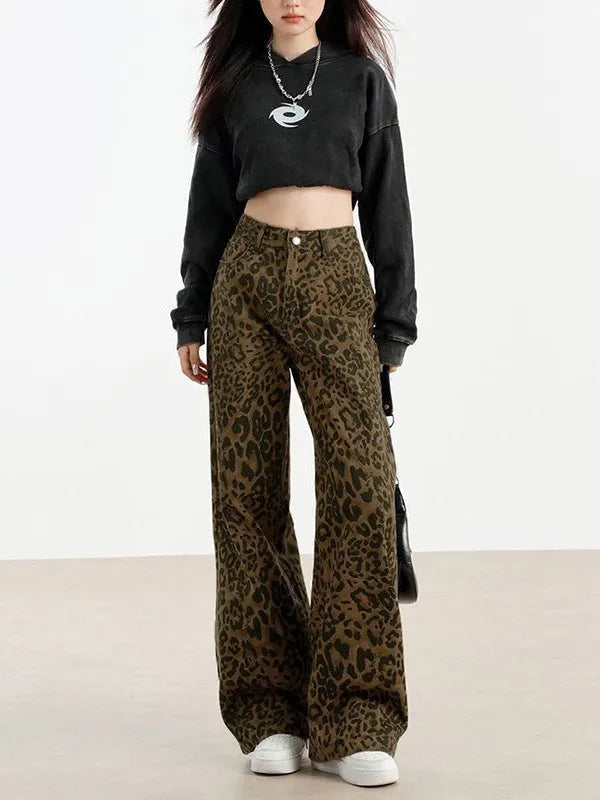 Women's leopard print denim floor-length loose-fit straight pants with wide waist