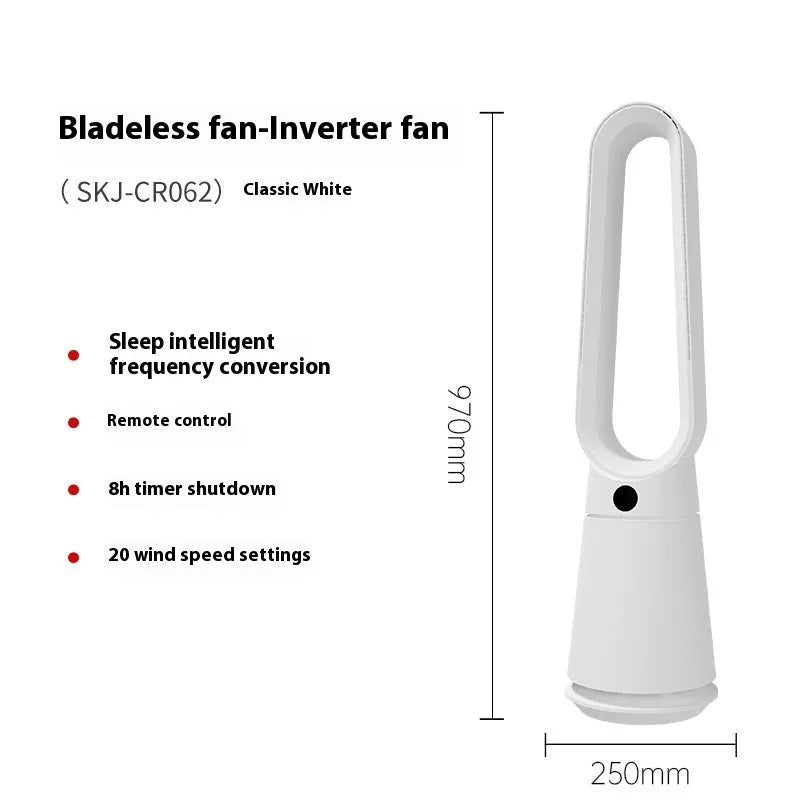 White SK bladeless tower fan standing on a floor, showing its sleek column design and touch control panel.