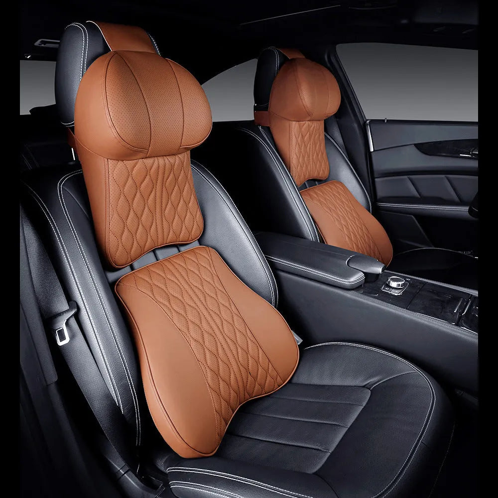 Leather embossed lumbar support pillow and matching headrest car cushion set