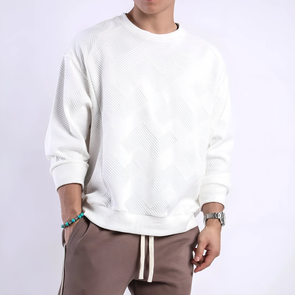 Men's loose fit twill jacquard pullover sweater in solid colours with round neck and long sleeves