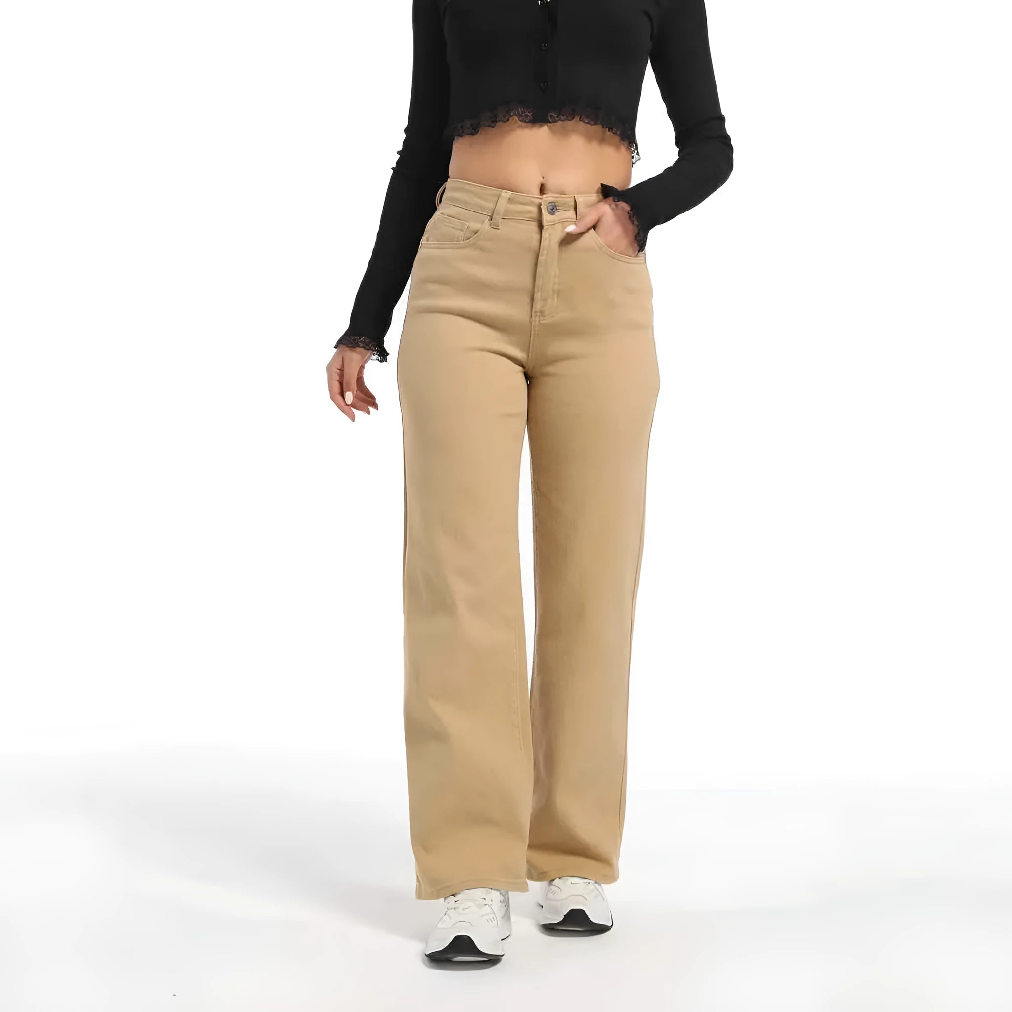 Women's high waist straight jeans in apricot and khaki colours with wide leg cut