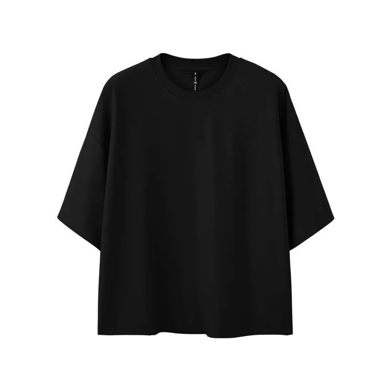 Men's sand grey loose fit short sleeve t-shirt showing regular sleeves and pullover style