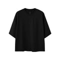Men's sand grey loose fit short sleeve t-shirt showing regular sleeves and pullover style