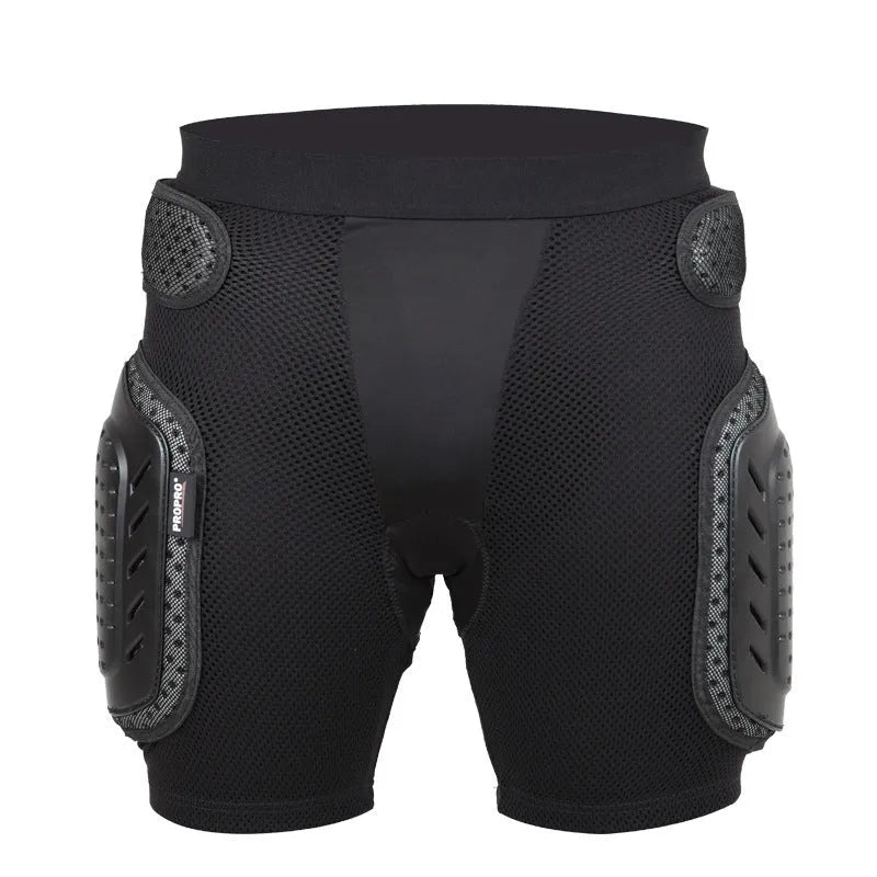 Black cycling hip protection pants with foam padding in hip area showing unisex sizing options