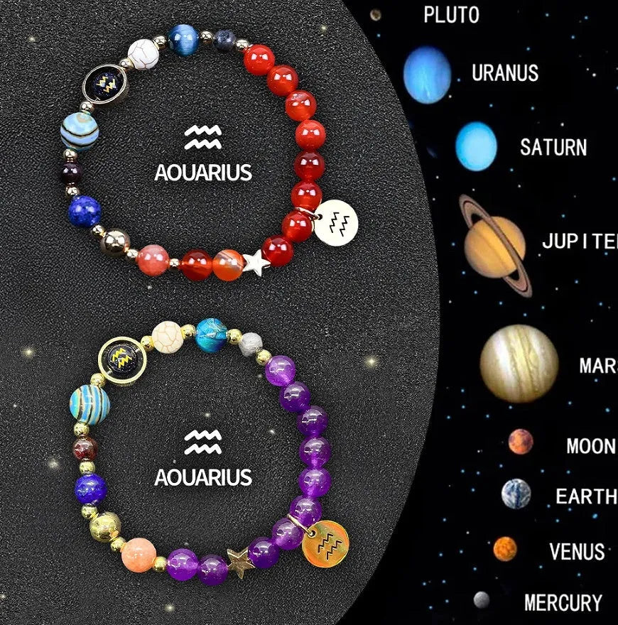 Twelve individual zodiac sign bracelets with natural stone beads and constellation charms on adjustable cords