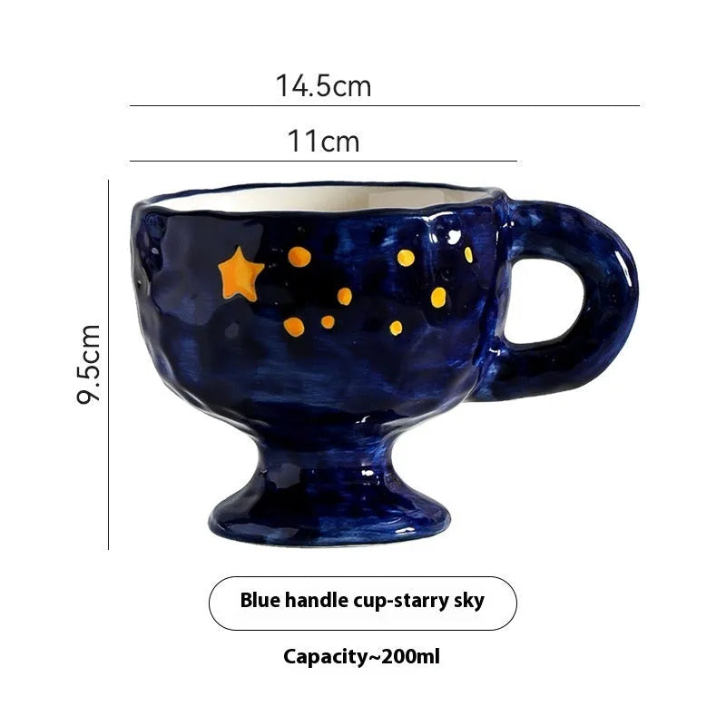 Handmade ceramic mug with irregular shape in solid colour