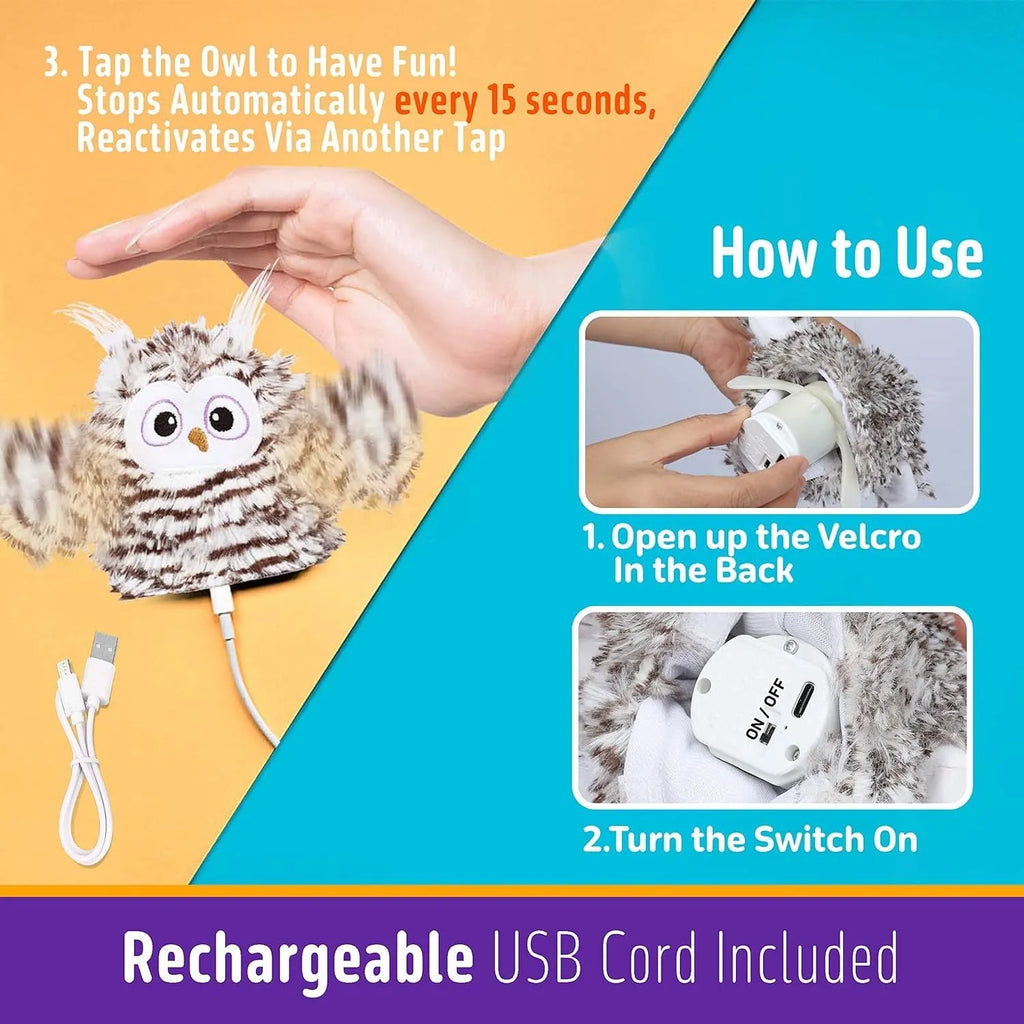 Grey automatic chirping owl cat toy with beating wings on a floor.
