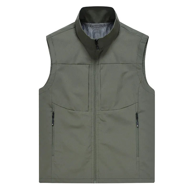Men's khaki polyester cardigan vest with stand collar and zipper pockets for outdoor wear.