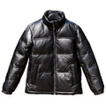 Men's black stand collar sheepskin down leather jacket with pocket decoration on a hanger