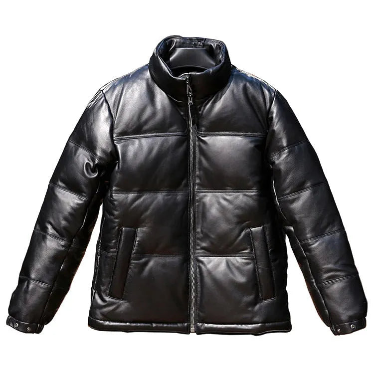 Men's black stand collar sheepskin down leather jacket with pocket decoration on a hanger