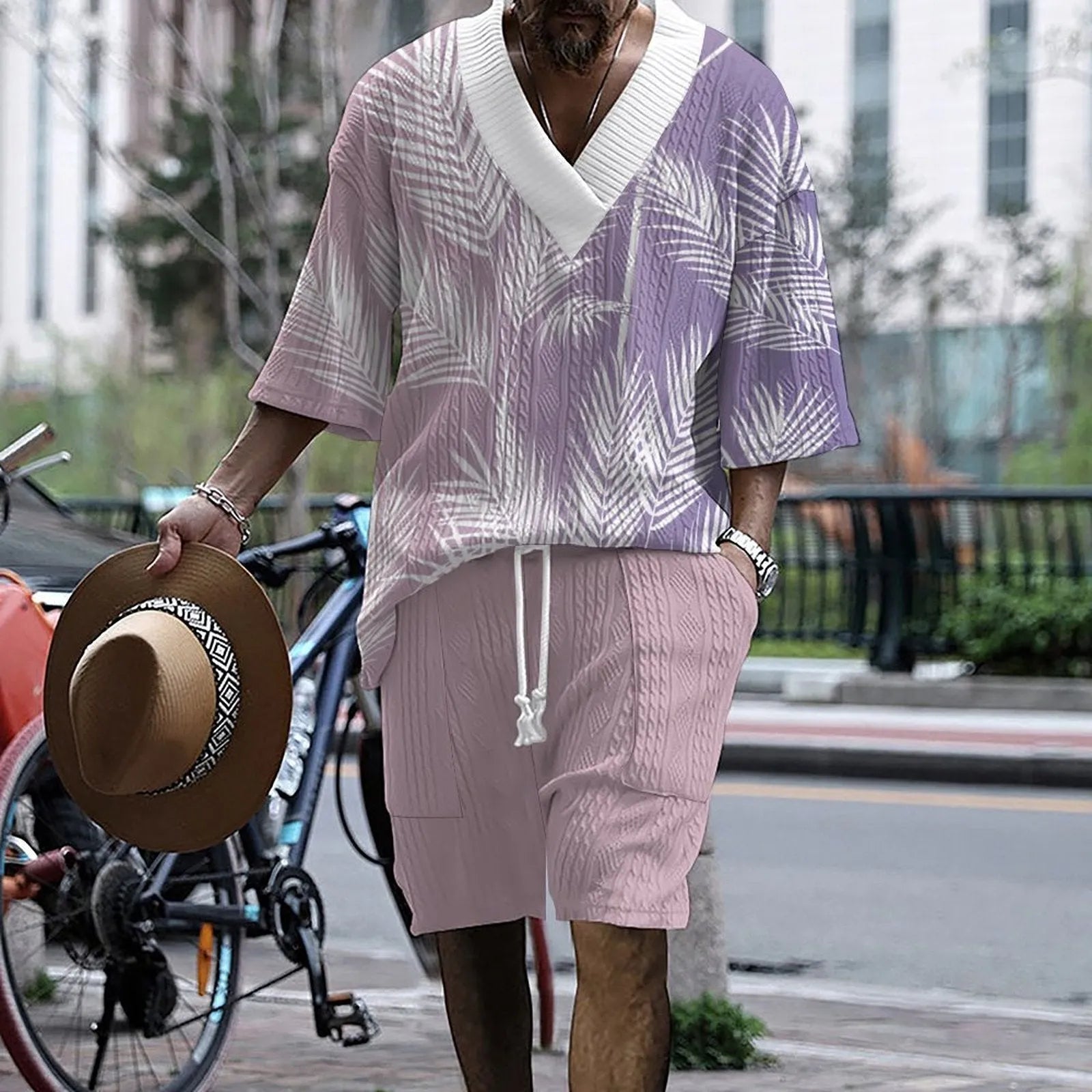 Men's casual knitted shorts suit set with short sleeves and drop-shoulder design
