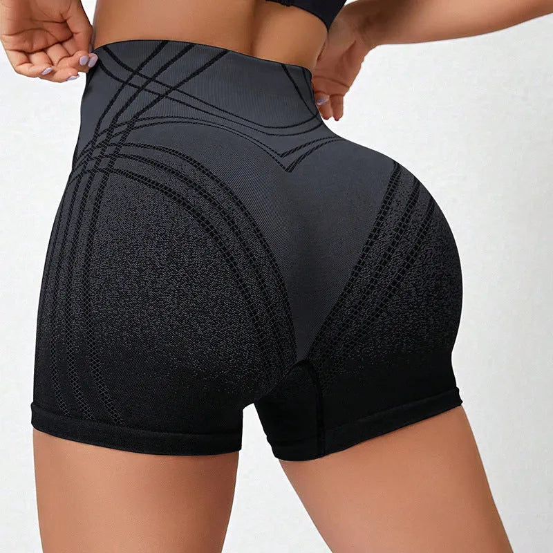 Women's high-waisted gradient fitness shorts in black colour for yoga and running