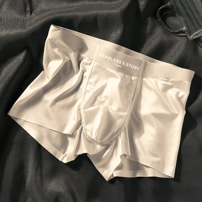 Men's ice silk underwear set in a solid colour showing mid-waist traceless design.