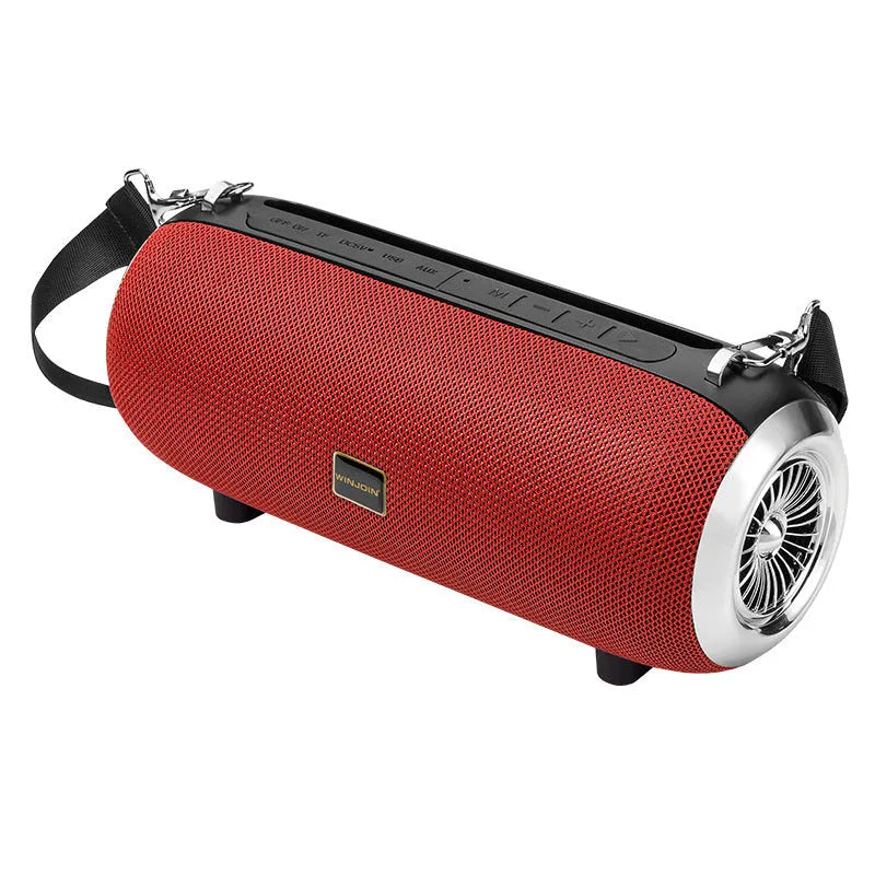 F666 square portable Bluetooth speaker with fabric mesh front, shoulder strap, and FM antenna.