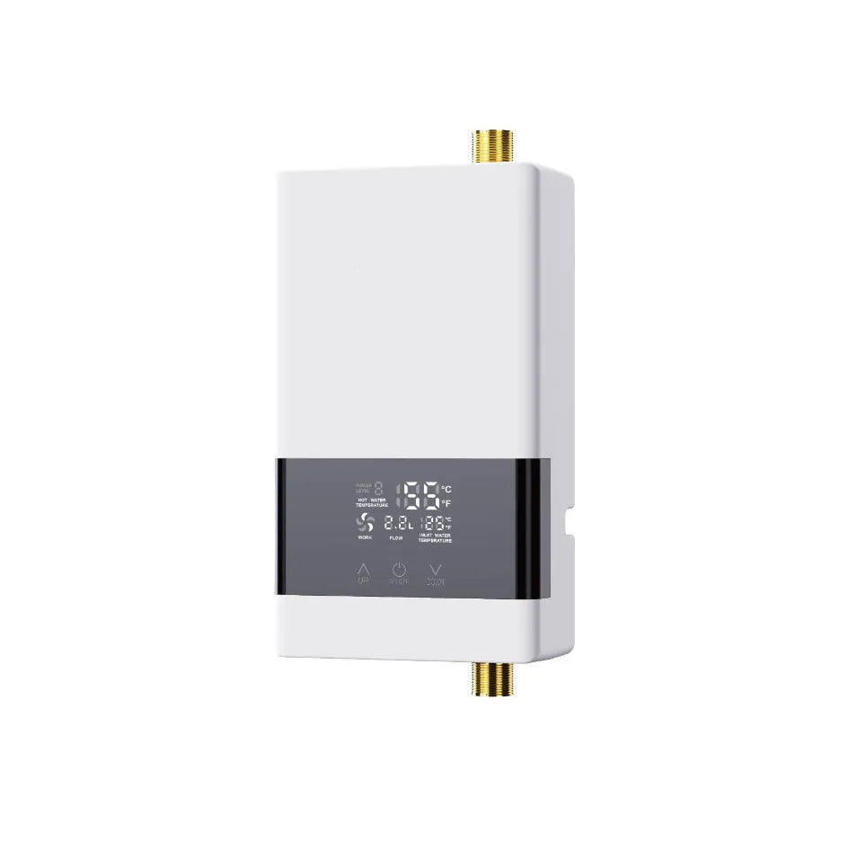 Wall-mounted instant electric water heater with LED touch screen display in a choice of colours.