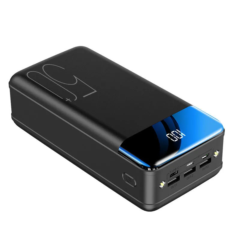 Large capacity 50000mAh power bank with three output ports and three input ports in black or white plastic case