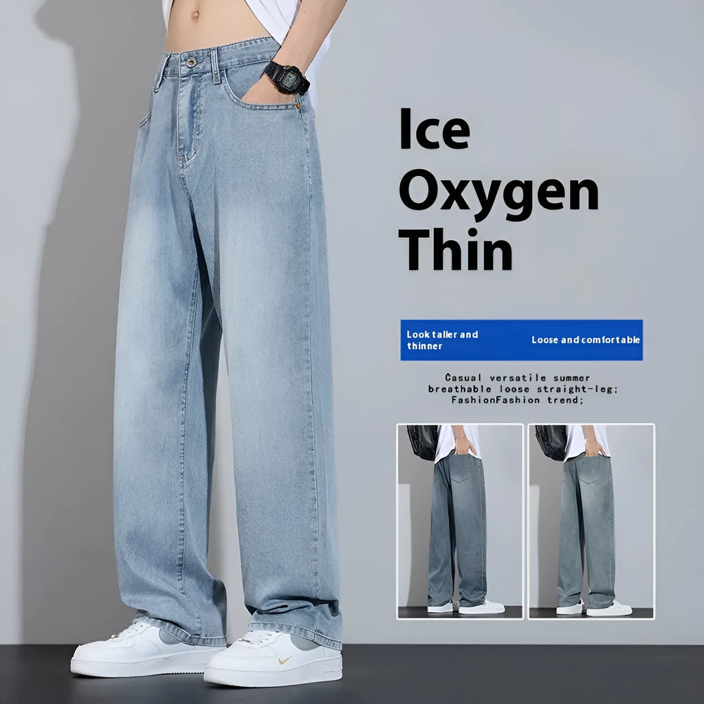 Ice silk denim wide-leg trousers straight casual style with zip placket fly opening