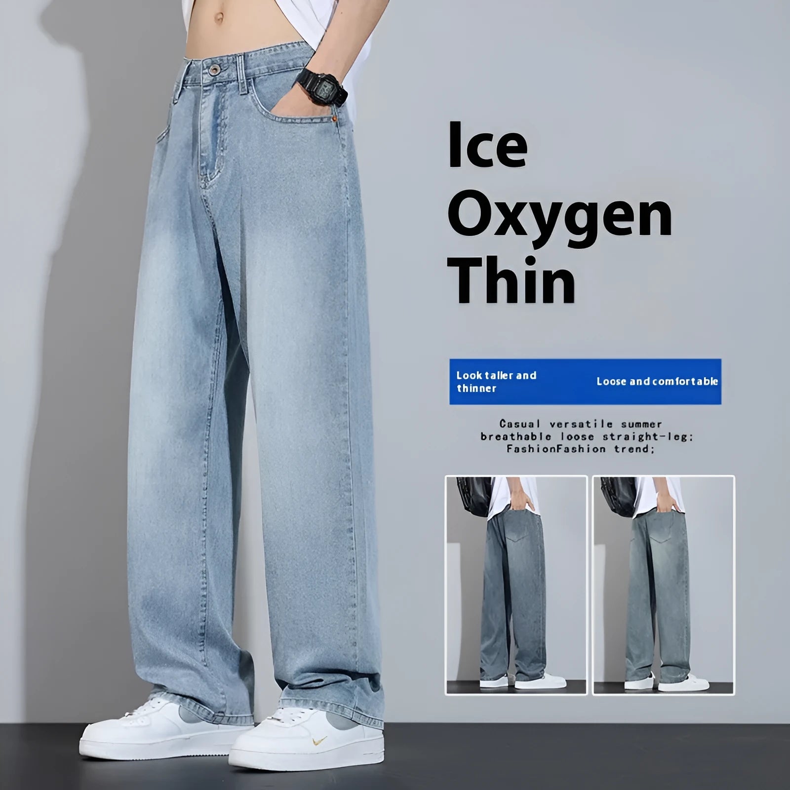 Ice silk denim wide-leg trousers straight casual style with zip placket fly opening