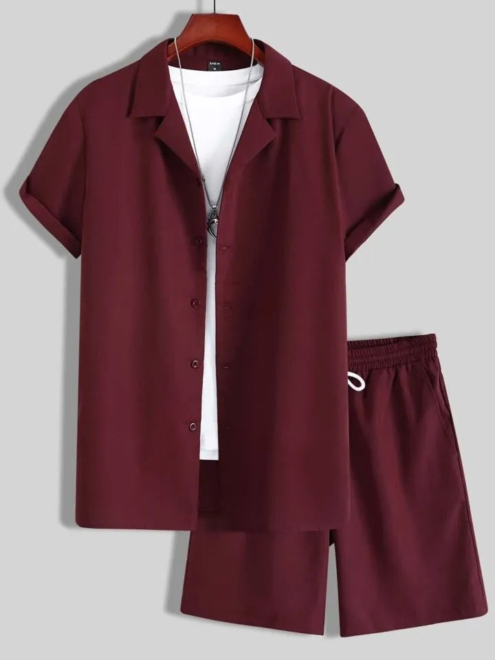 Man wearing a white short sleeve Cuban collar sport shirt and matching shorts from a polyester sport suit set.