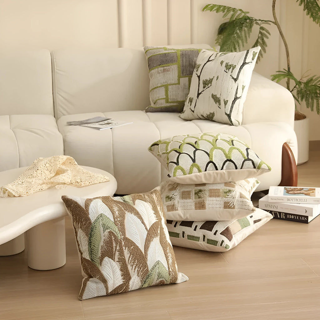 Square 45cm yarn-dyed Jacquard pillow cover with Nordic floral botanical pattern in multiple colour options.