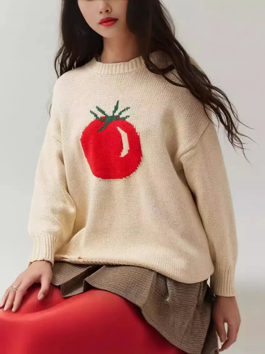 Women's loose-fitting acrylic pullover sweater with Jacquard texture in milky white