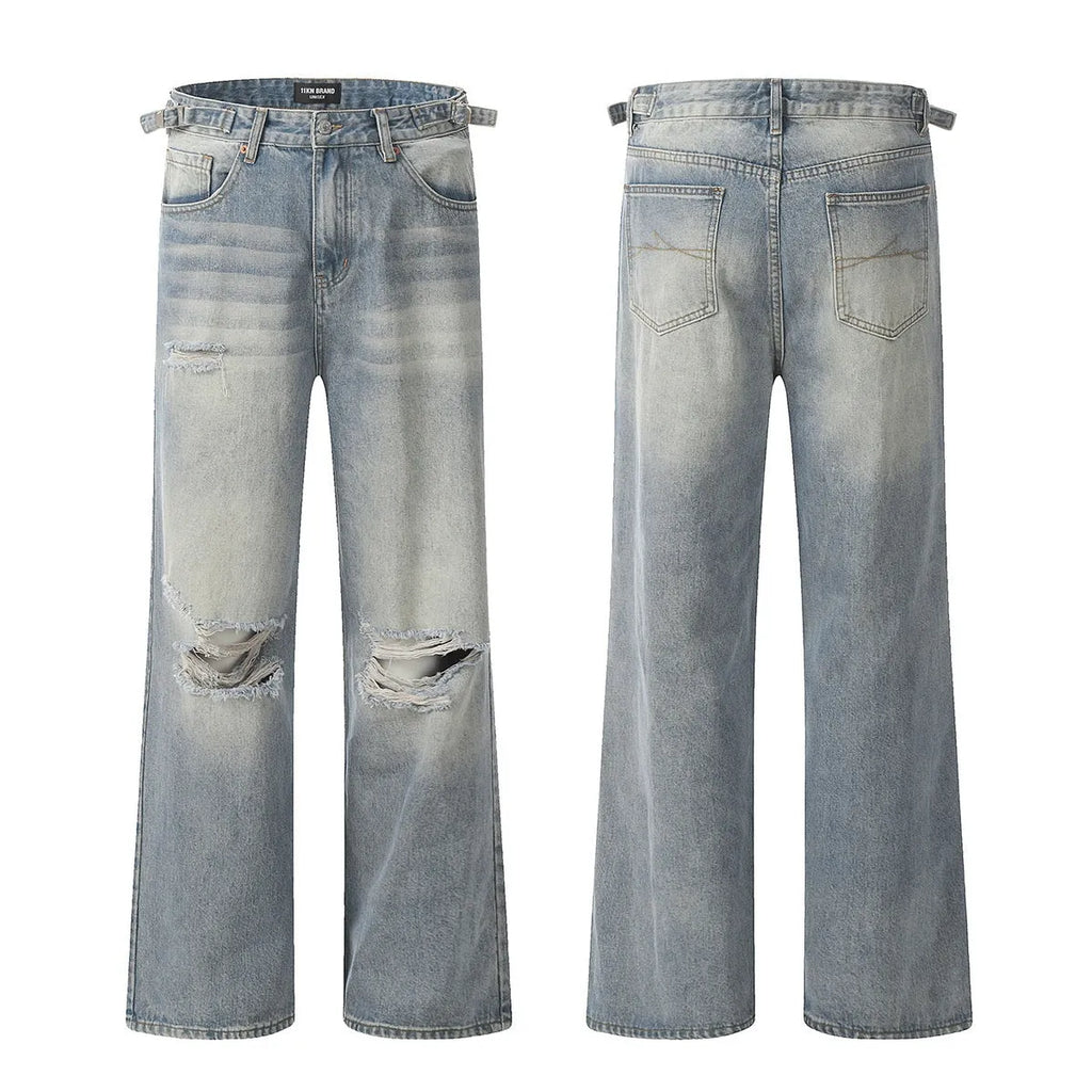 Blue men's straight-leg jeans with ripped detailing and an adjustable waistband.