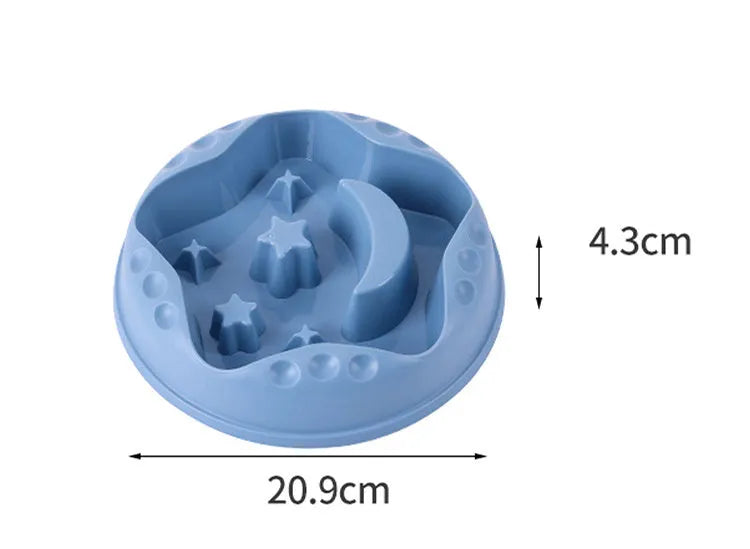 Blue star and wings design large plastic slow feeder dog bowl with maze pattern.