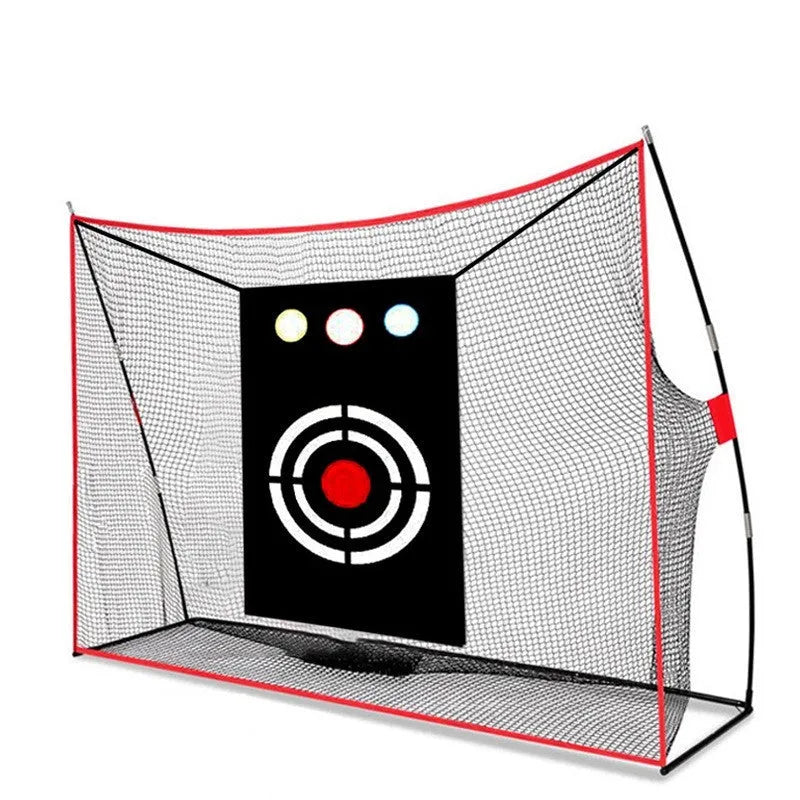 Golf wedge training net with 3-hole cross design, straw practice mat, tees, and practice balls